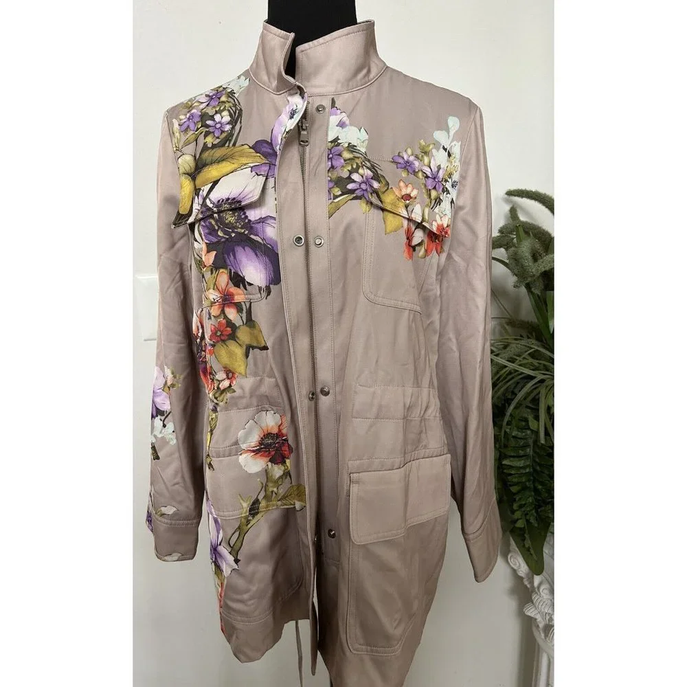 Chico's Satin Floral Buttercream Beige Zip Snap Front Utility Jacket‎ Sz 2/L